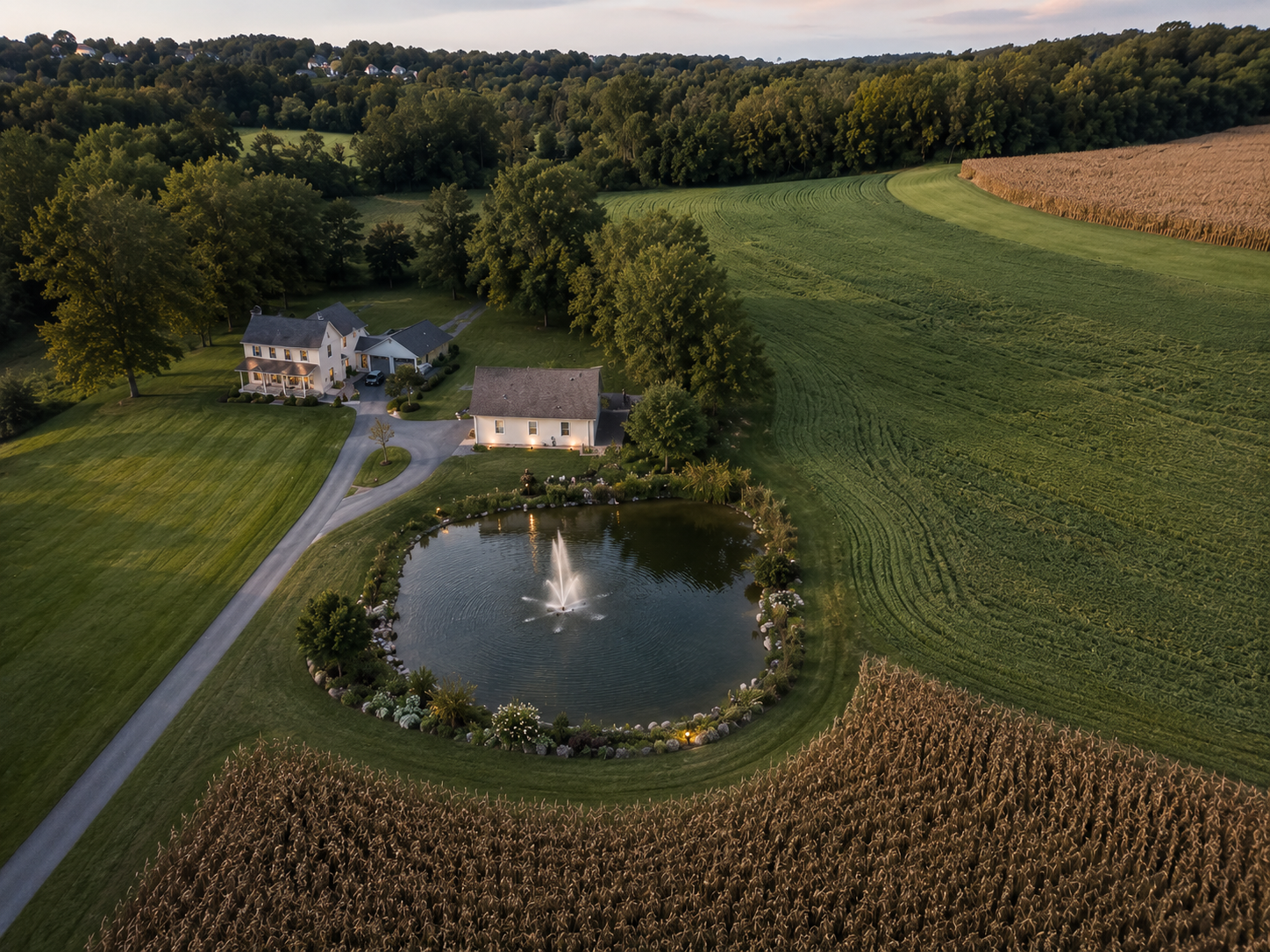 Aerial view of a house and pond surrounded by trees and cultivated land.