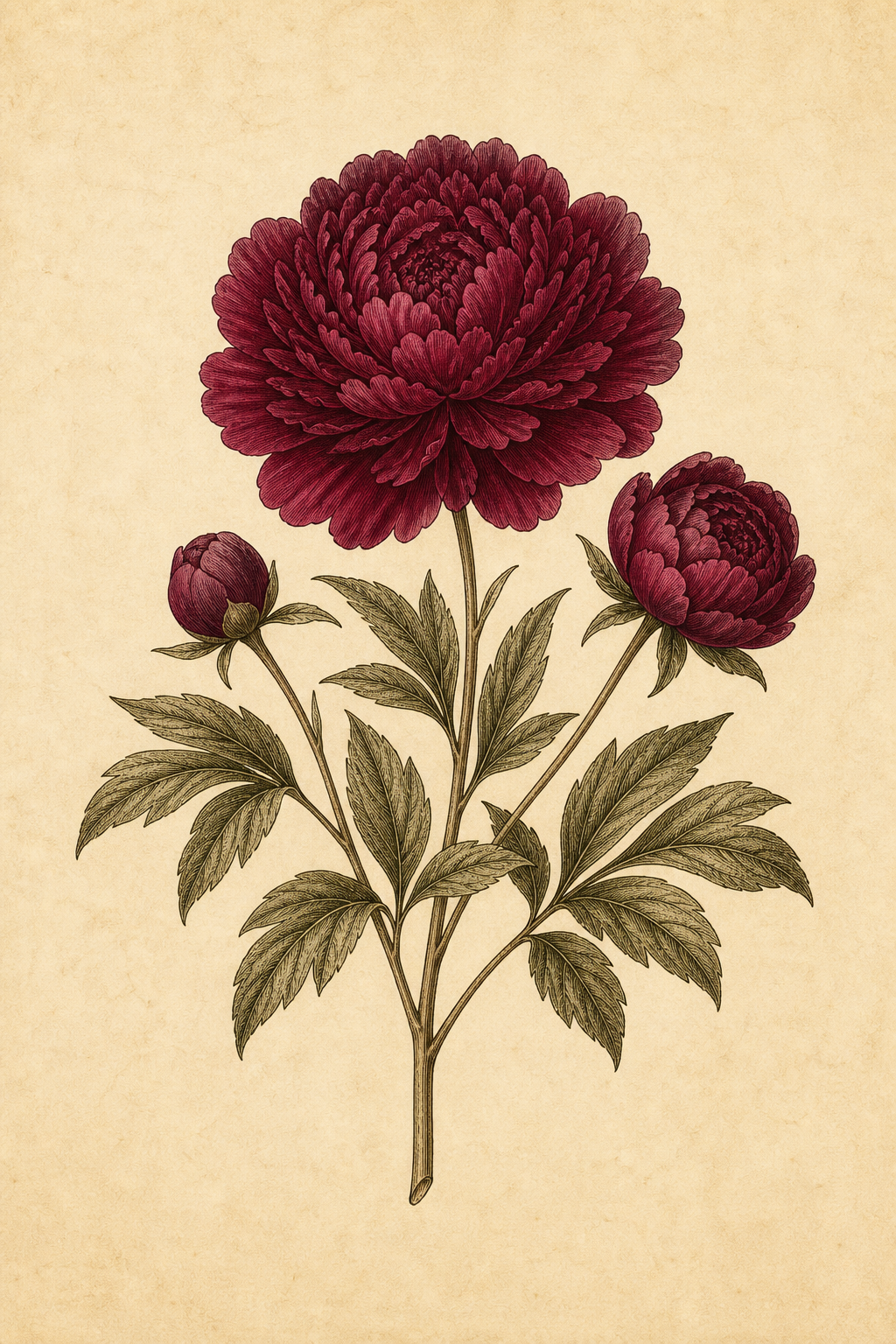 Botanical illustration of a burgundy peony bloom.