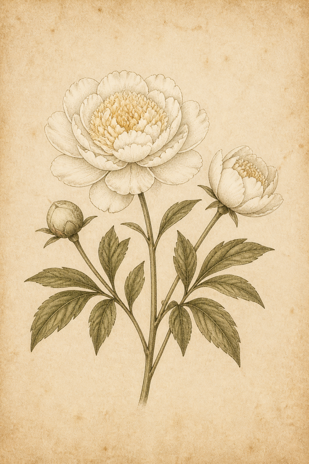 Botanical illustration of an ivory peony bloom.
